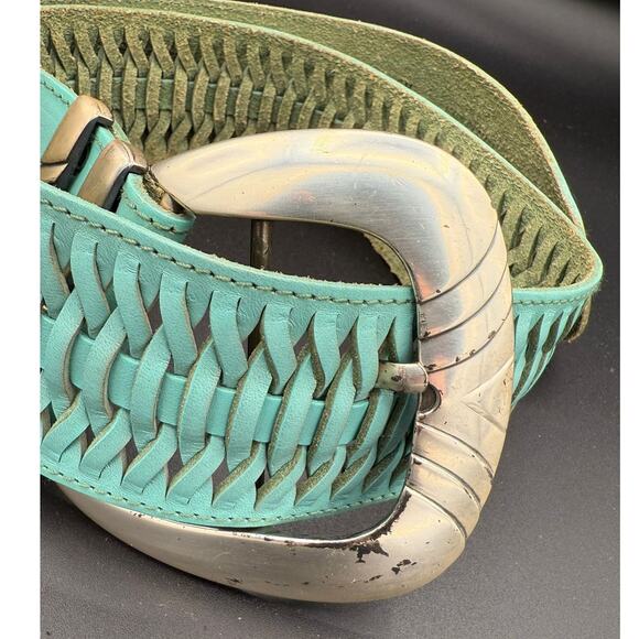 Vintage Western Buckle Teal Belt Leather Blue Silver Braided Cowgirl Retro Boho main image 5
